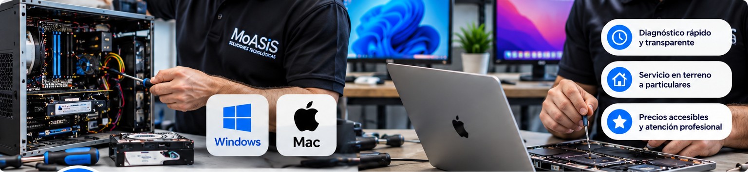 Servicio técnico reparando un computador de escritorio y un portátil Mac